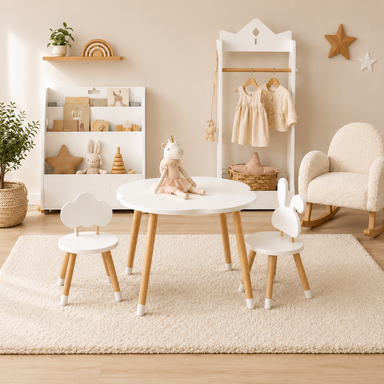 Niño jugando en mesa y sillas infantiles de madera