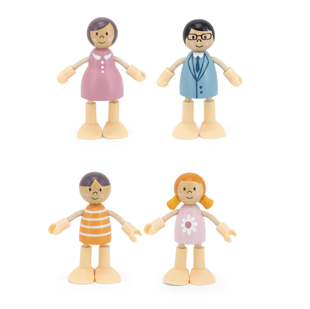 Set de cuatro figuras de familia (dos adultos y dos niños) de madera articulada para casa de muñecas.