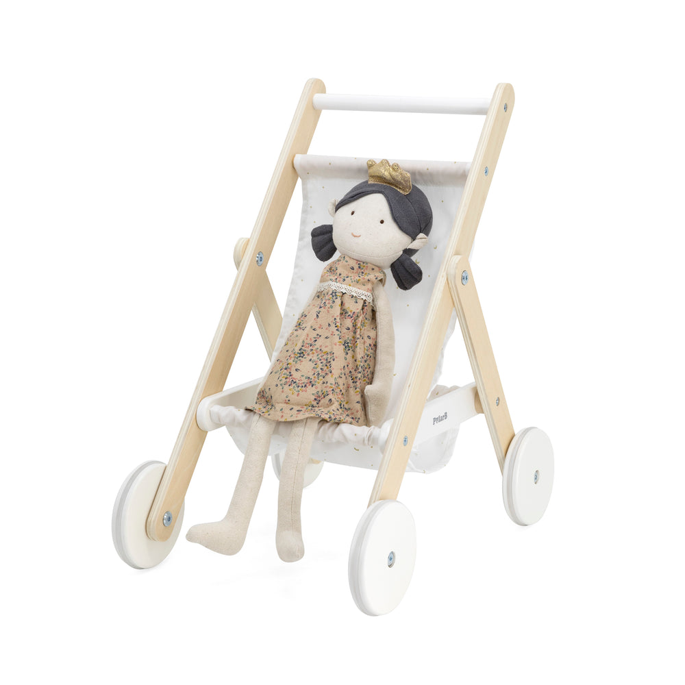 Coche de madera de juguete para muñecas marca PolarB en color blanco y madera natural