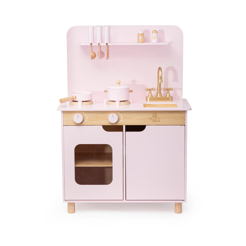 Cocina rosada de juguete de madera estilo Montessori
