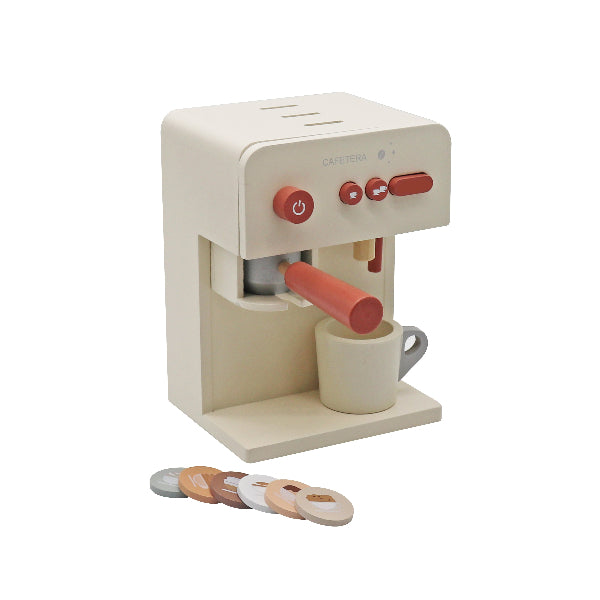 Juguete cafetera de madera con accesorios y cápsulas de café, juego didáctico infantil