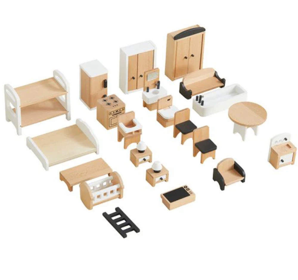 Set de mobiliario y accesorios de madera en miniatura para casa de muñecas (22 piezas).
