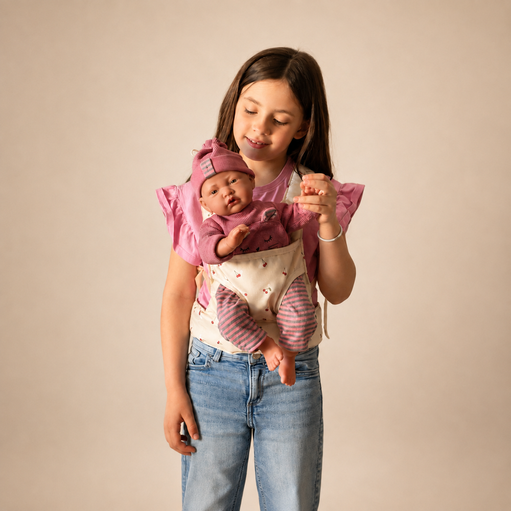 Niña usando portabebé de juguete con su muñeca, juego de rol afectivo