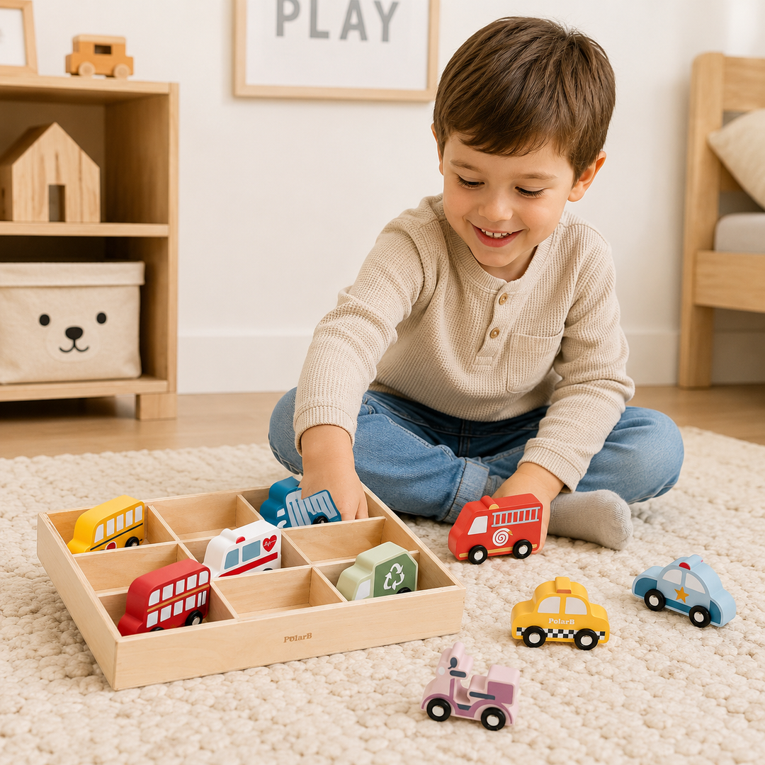 Set de autos de madera para niños, juguete didáctico de motricidad fina