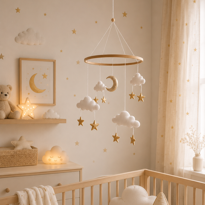 MOVIL BEBE NUBES, LUNA Y ESTRELLAS DORADAS