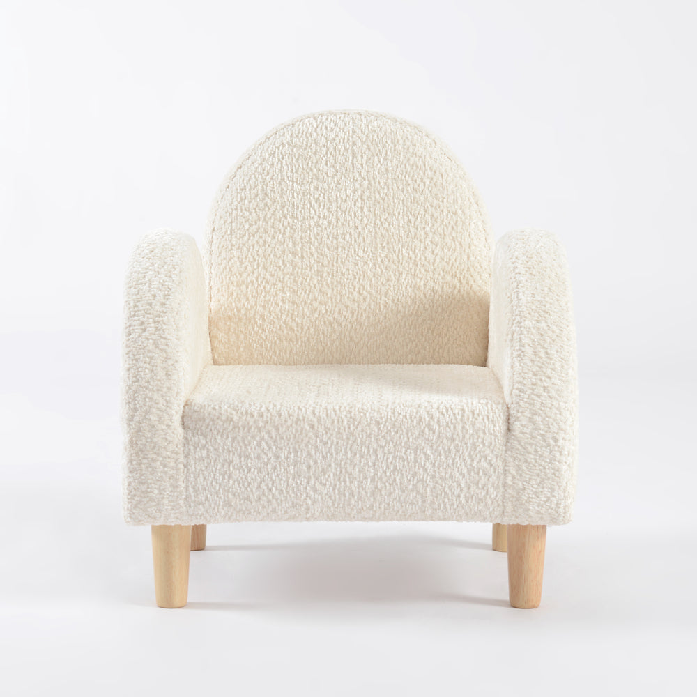 Sillón para niños pequeño tapizado en blanco invierno, mueble infantil cómodo y decorativo