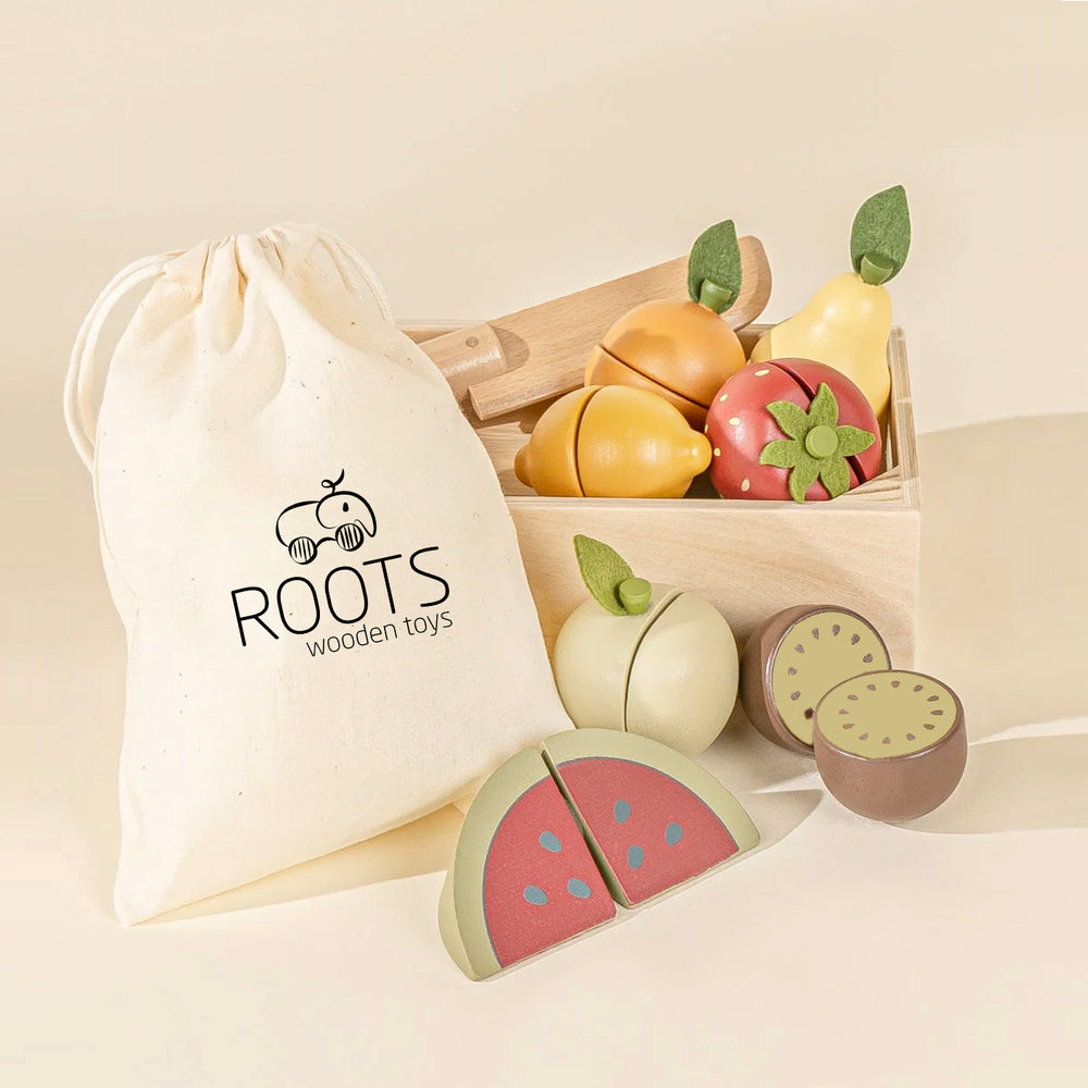 Set de frutas de madera para picar Roots Wooden Toys, juguete educativo Montessori