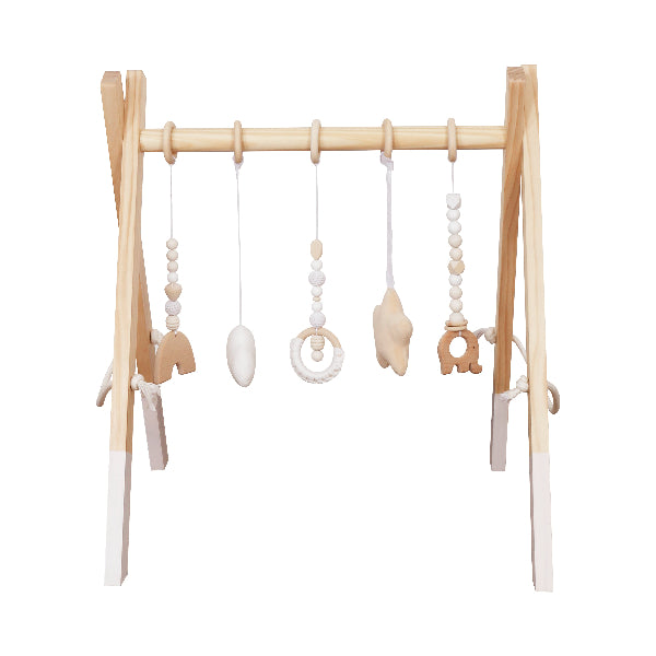 Gimnasio de actividades de madera para bebé con colgantes, juego sensorial