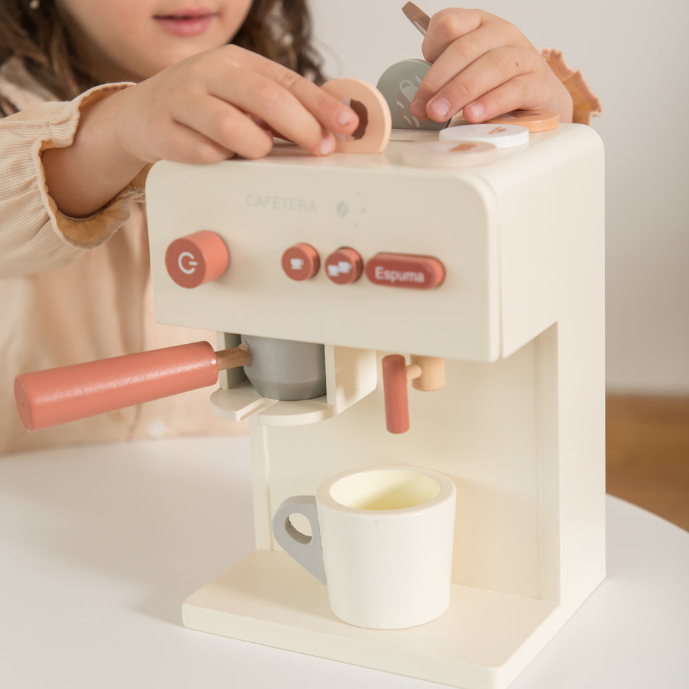 Cafetera de madera de juguete para niños color crema y rosado, set de juego simbólico tipo Montessori