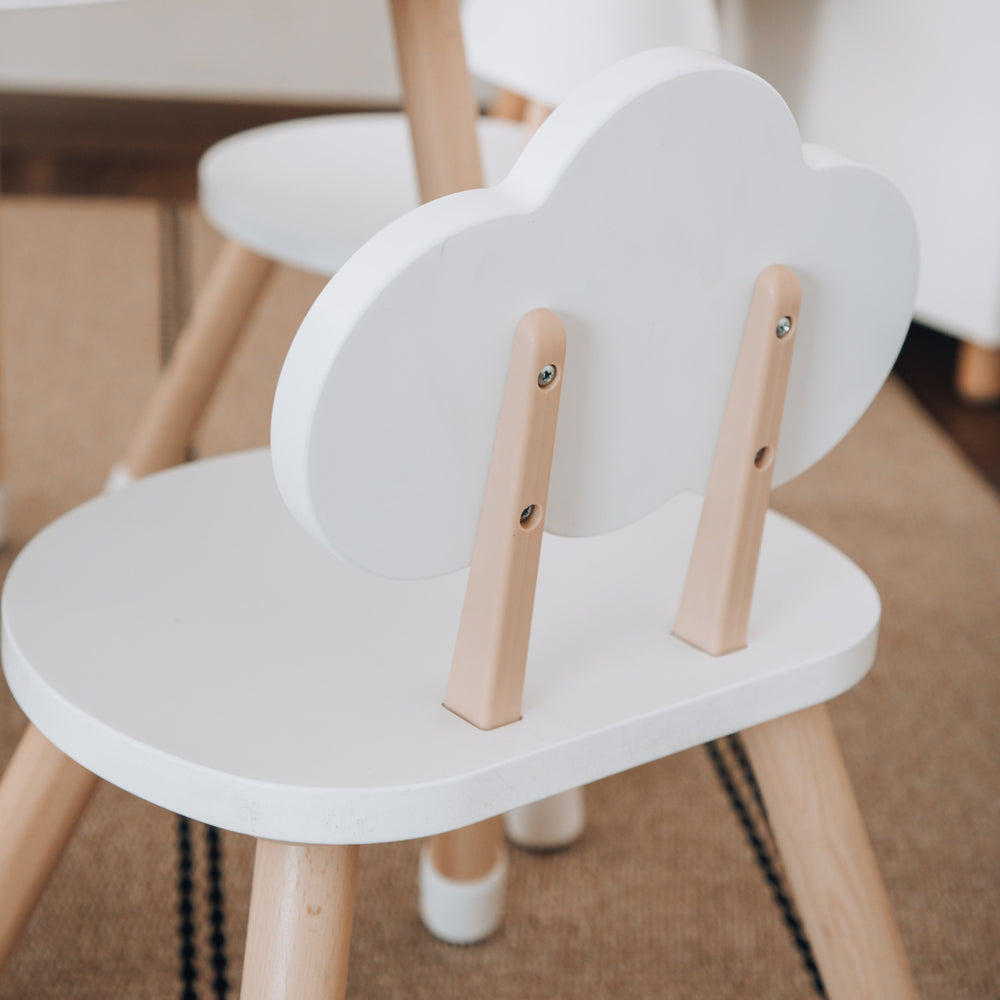 Detalle de silla infantil con respaldo en forma de nube de madera blanca, terminaciones seguras y diseño ergonómico para habitaciones de niños