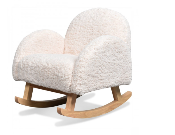 Silla mecedora infantil blanca con base de madera natural, poltrona tipo chiporro para niños con diseño nórdico