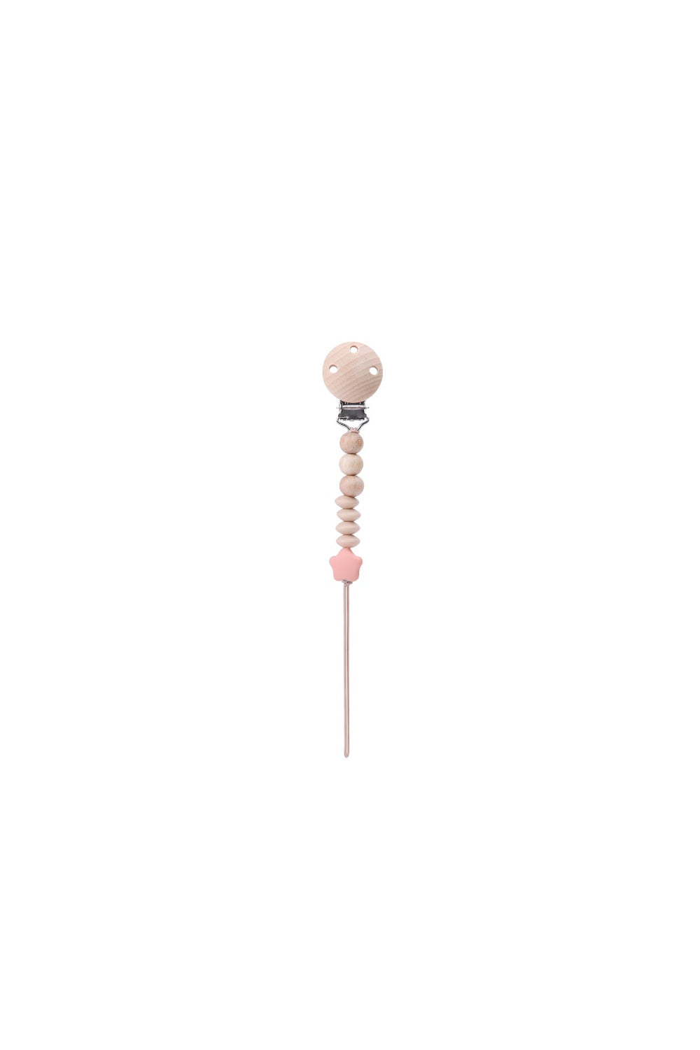 Portachupete de madera color rosado para bebé, accesorio práctico y seguro