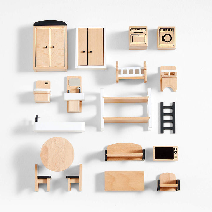 Set de mobiliario y accesorios de madera en miniatura para casa de muñecas (19 piezas).