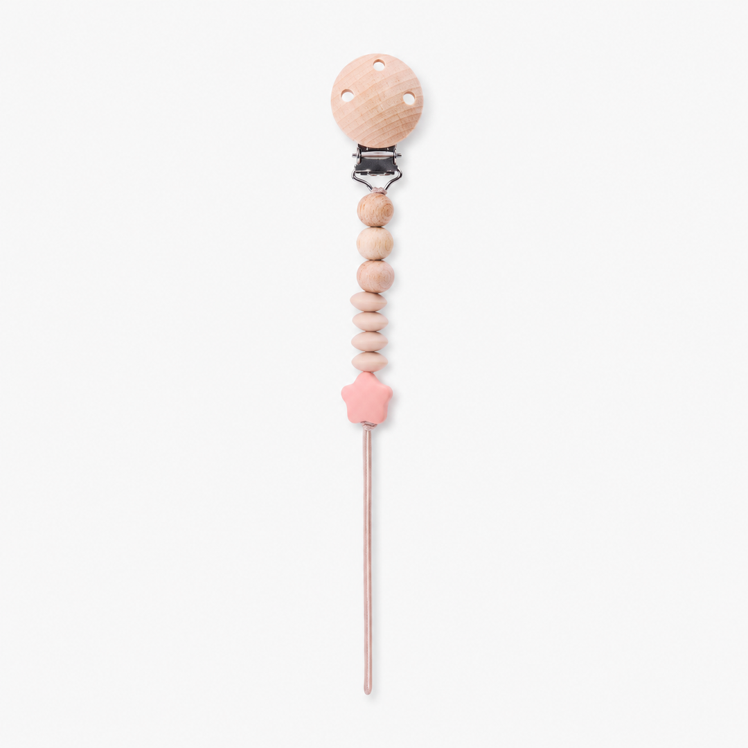 Portachupete de madera con bolitas de silicona beige, accesorio para bebé
