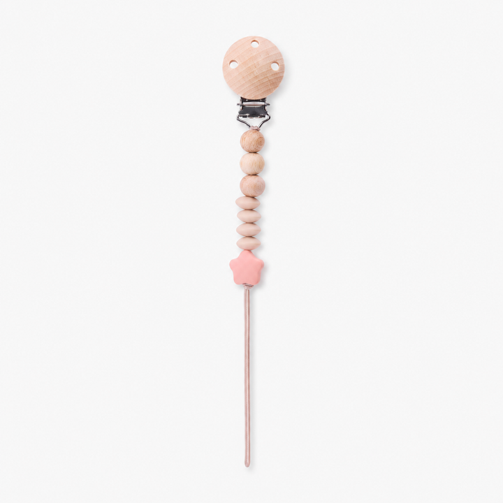 Portachupete de madera con bolitas de silicona beige, accesorio para bebé