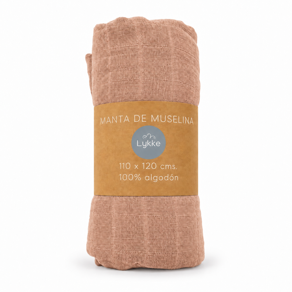 Manta de muselina de bambú caramel Lykke 110x120 cm en su empaque