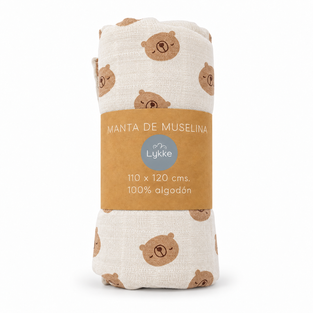 Muselina de algodón con estampado de osos Lykke en su empaque