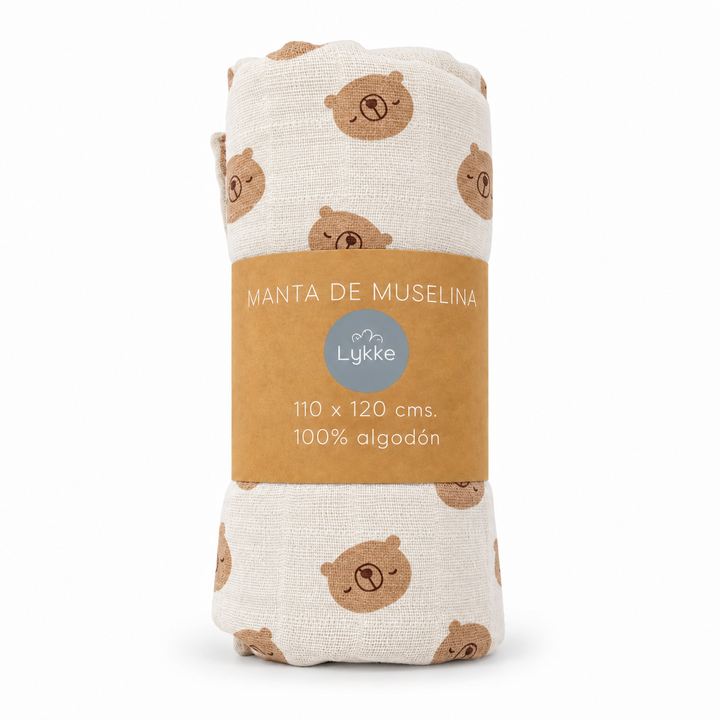 Muselina de algodón con estampado de osos Lykke en su empaque