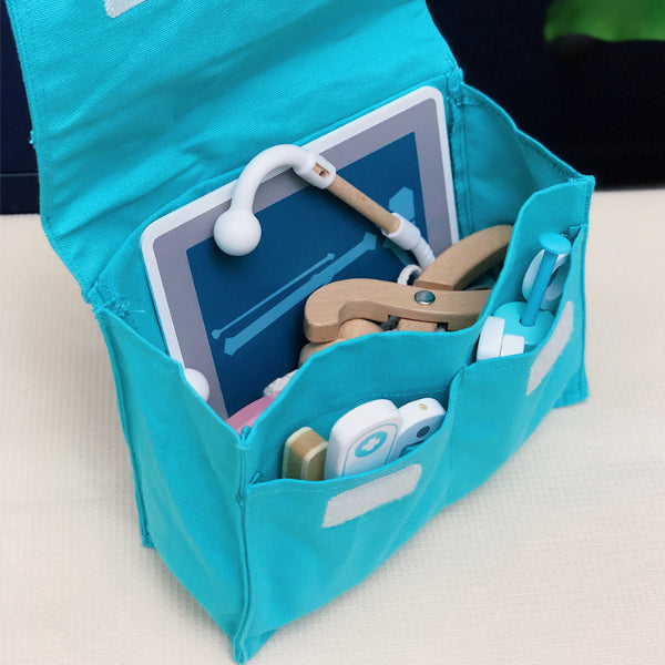 Botiquín de madera de juguete con estetoscopio y accesorios médicos para niños